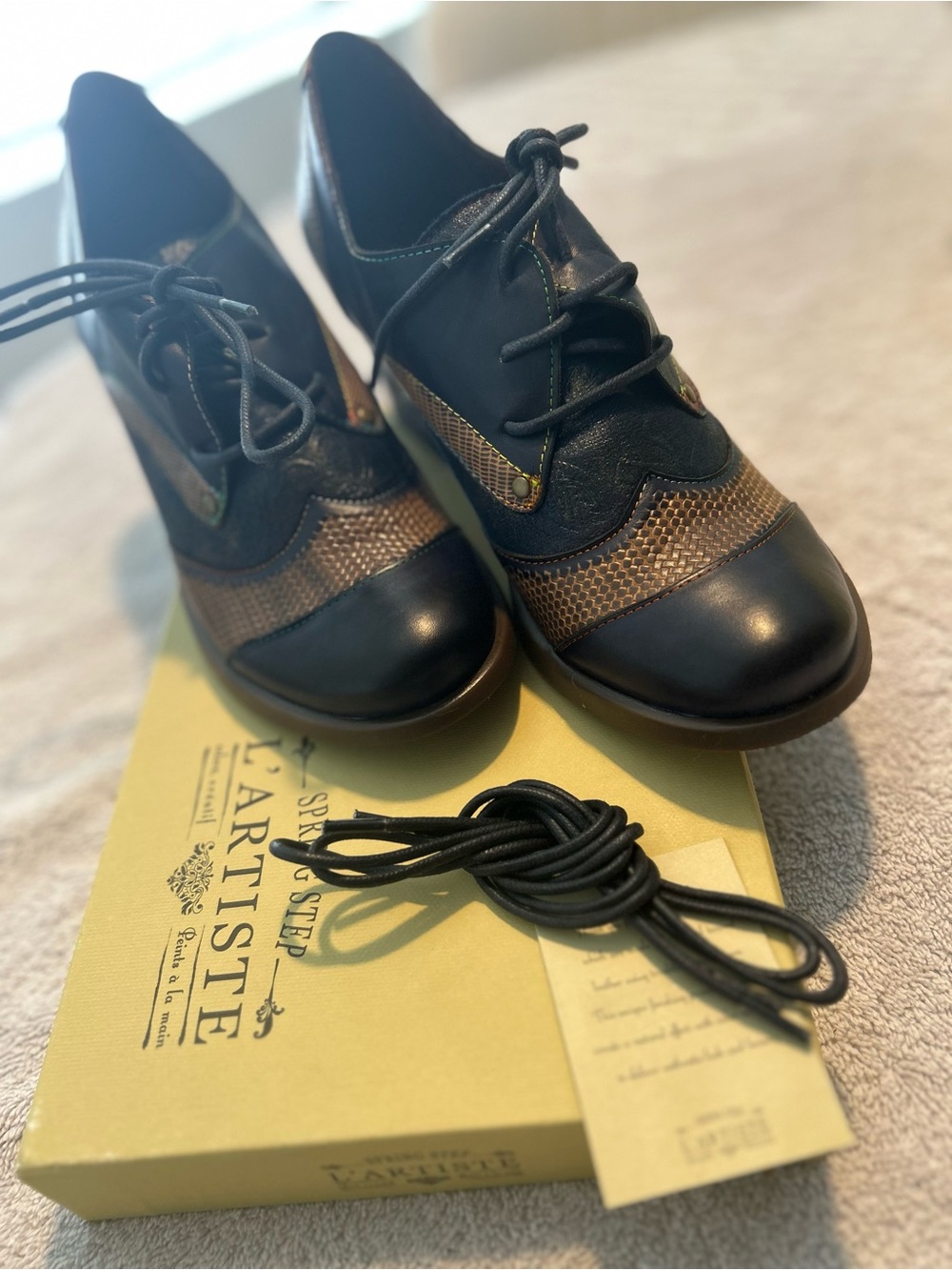 L’Artiste Black and Brown Lace-Up Wedge Oxford Flats